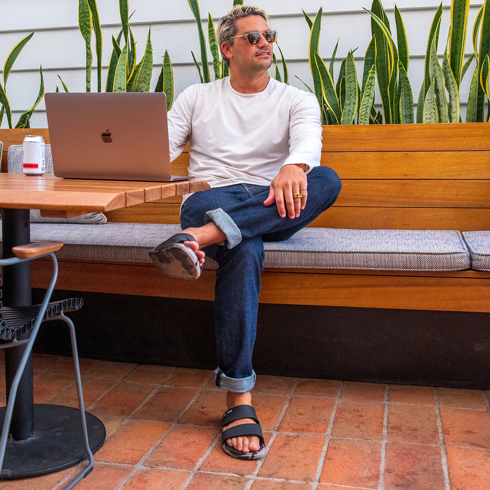 Reef Mens Oasis Double Strap Slides in Black/Taupe Marble ID HgdWgghC Reef Mens Oasis Double Strap Slides in Black/Taupe Marble ID HgdWgghC